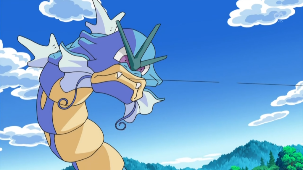 Gyarados in the anime with its mouth closed, which is a relatively rare sight