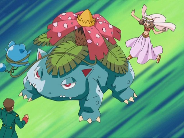 May’s Venusaur battling a Marill in the anime