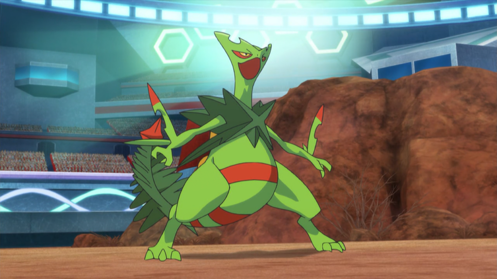 Mega-evolved Sceptile during a battle in the anime